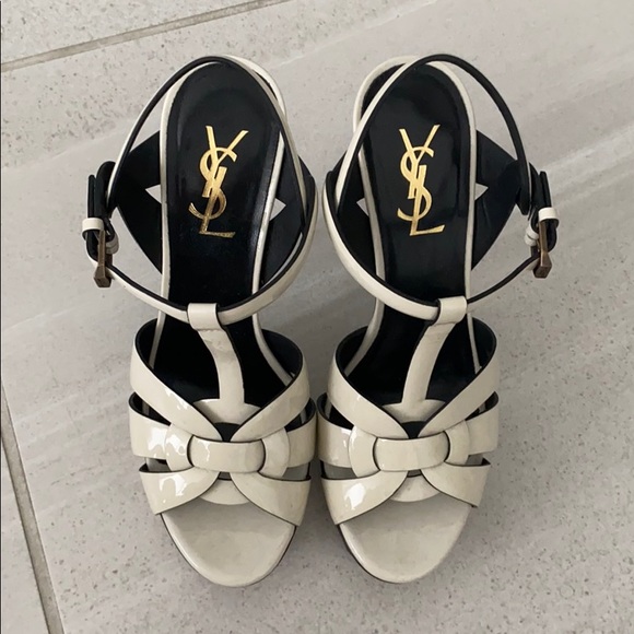 SAINT LAURENT TRIBUTE SANDAL HEELS CREAM/BLACK - Picture 2 of 8